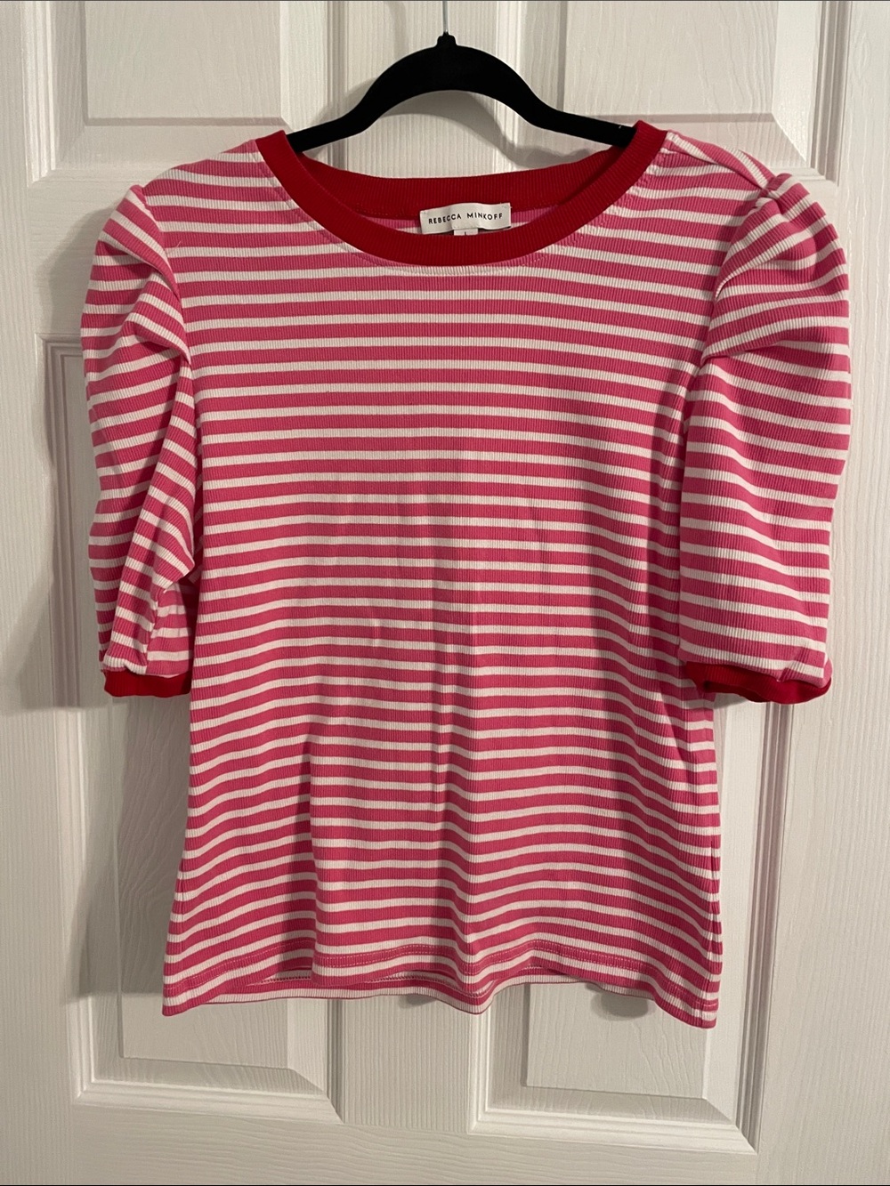 Rebecca Minkoff Pink and White Striped Puff Sleeve Tee with Red Trim